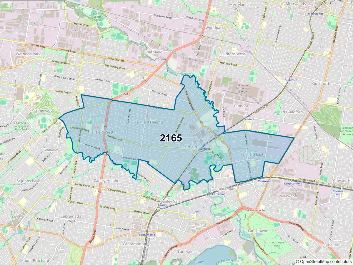 Map of postcode 2165 — Fairfield, NSW, Australia