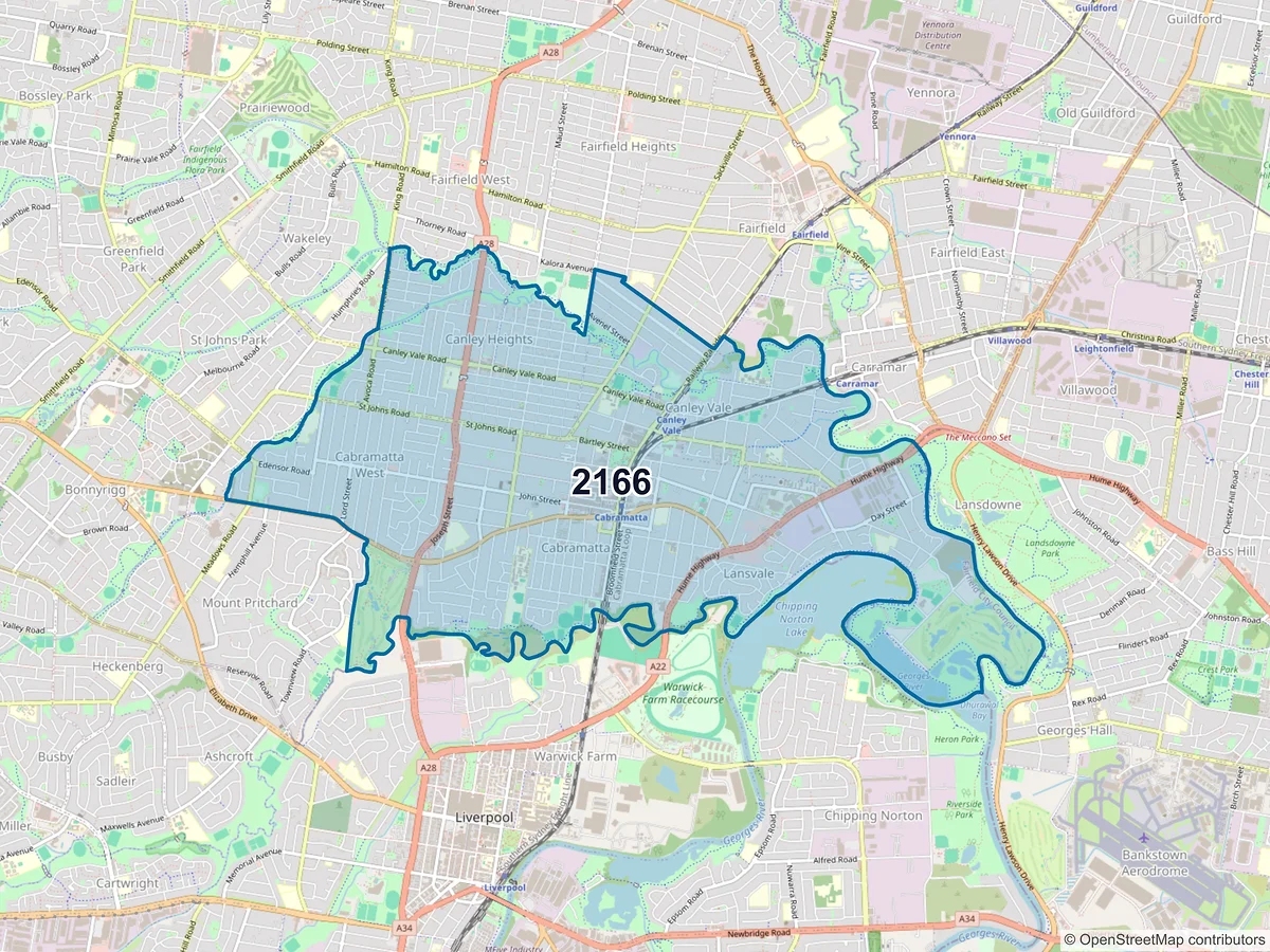 Map of postcode 2166 — Cabramatta, NSW, Australia