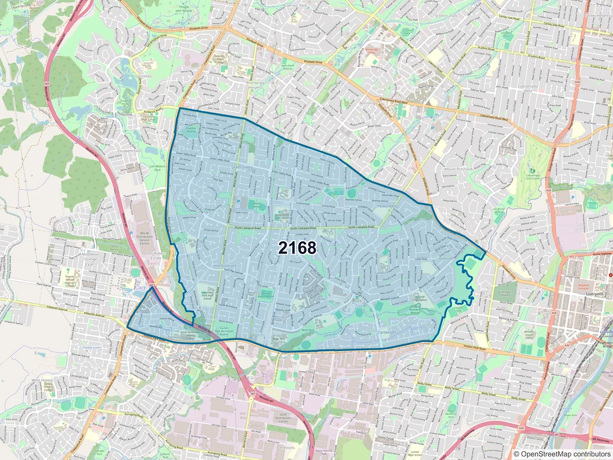 Map of postcode 2168 — Green Valley, NSW, Australia