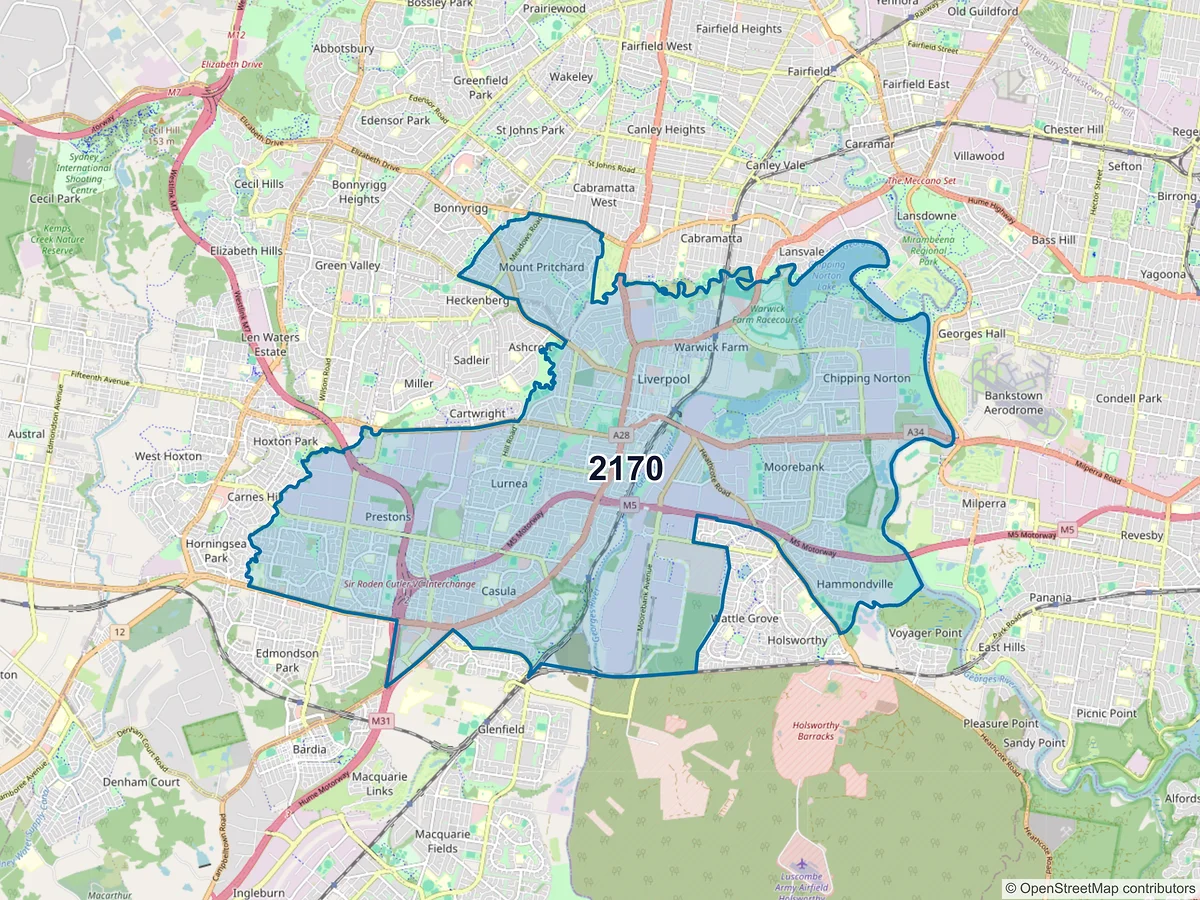 Map of postcode 2170 — Liverpool, NSW, Australia