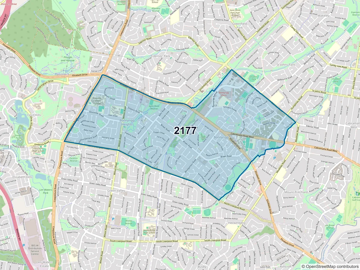 Map of postcode 2177 — Bonnyrigg, NSW, Australia