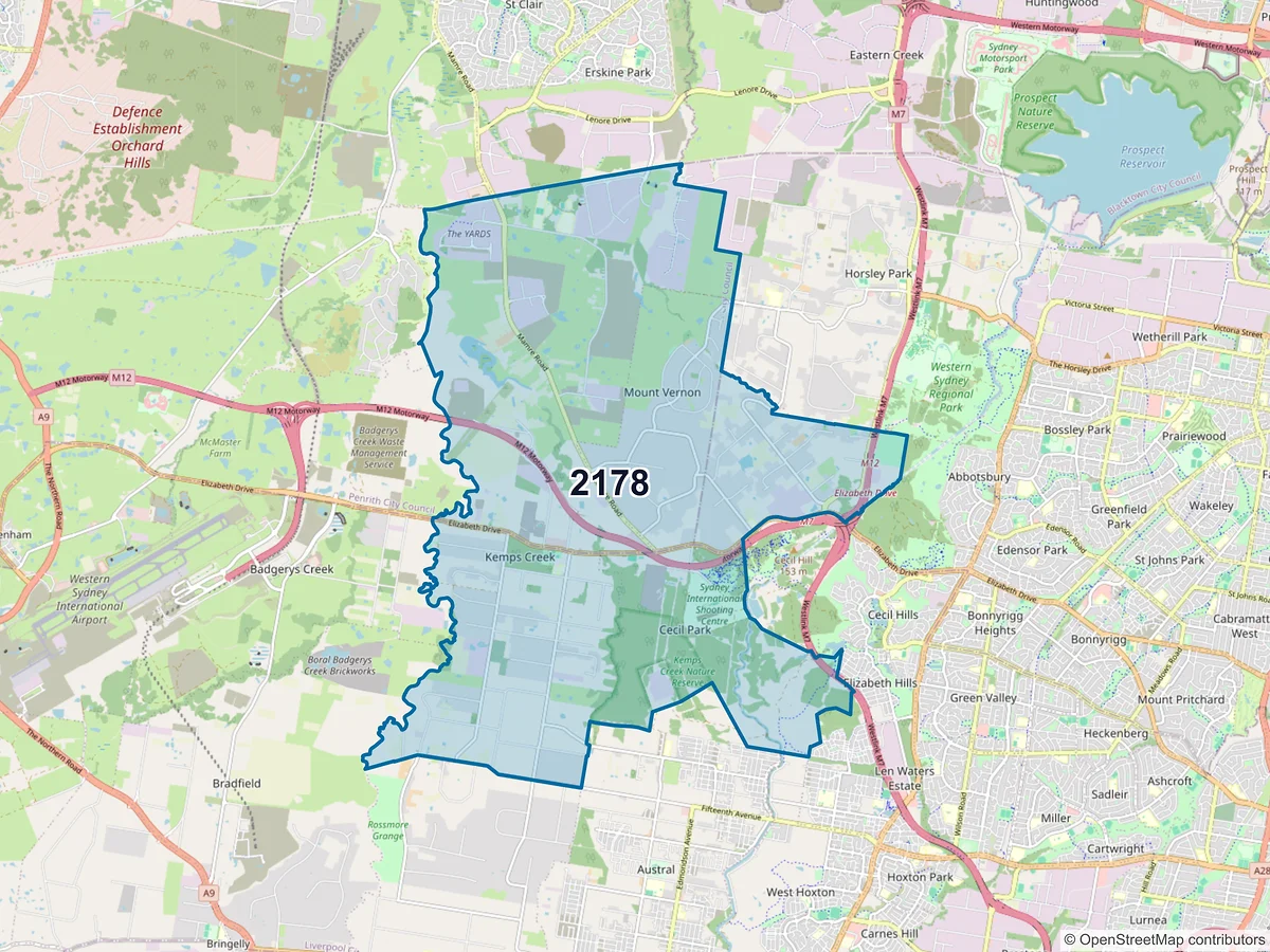 Map of postcode 2178 — Kemps Creek, NSW, Australia