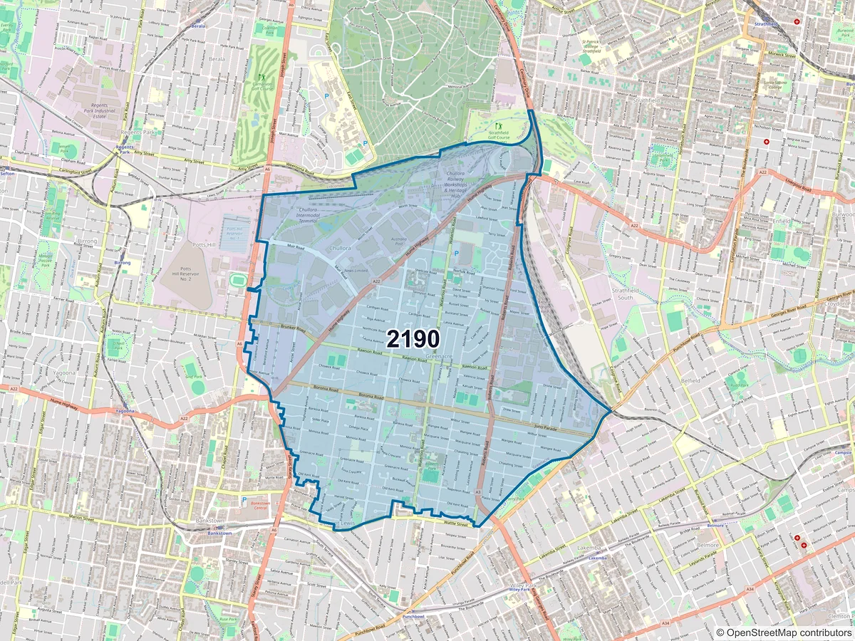 Map of postcode 2190 — Greenacre, NSW, Australia