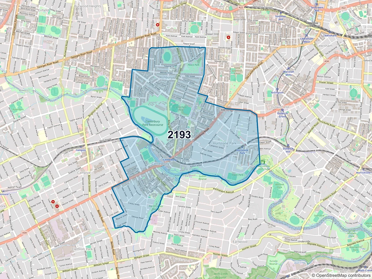 Map of postcode 2193 — Canterbury, NSW, Australia