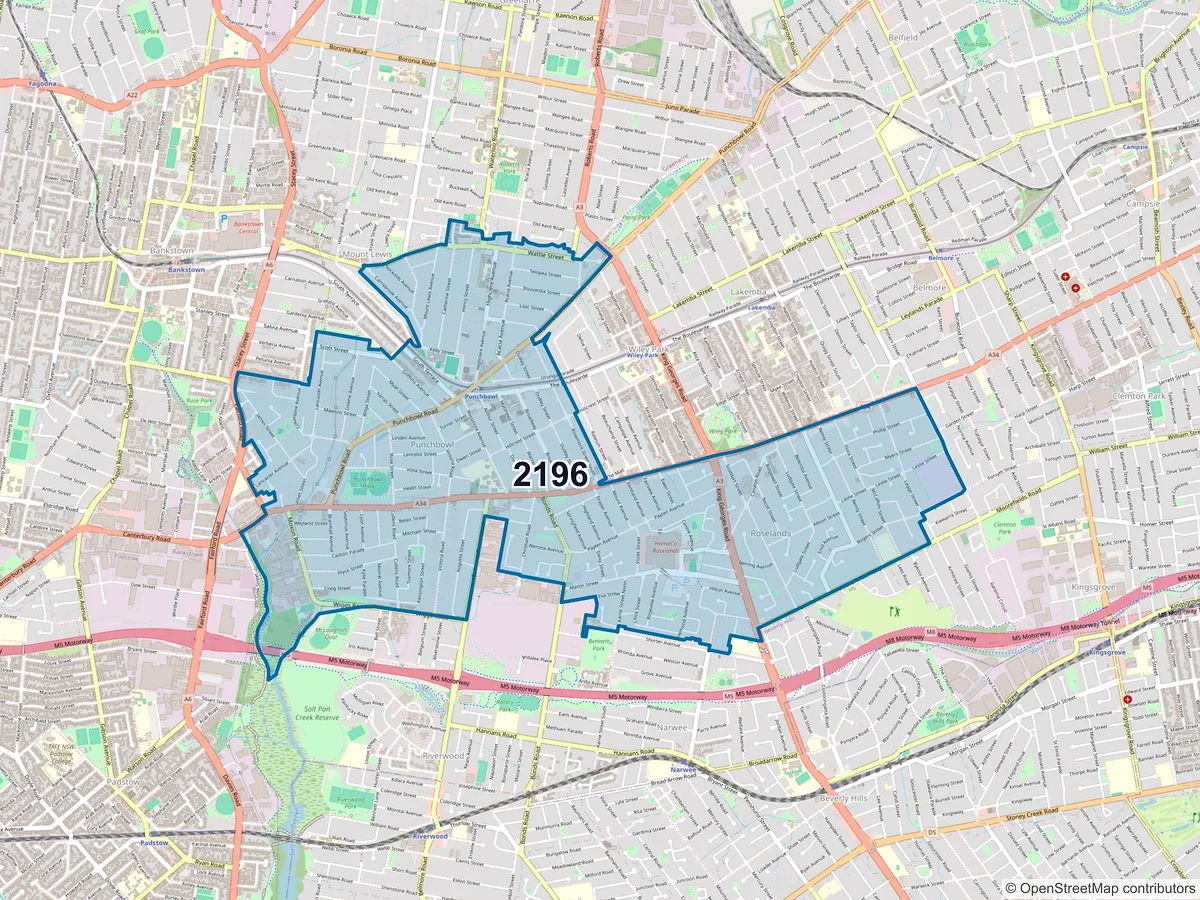 Map of postcode 2196 — Punchbowl, NSW, Australia