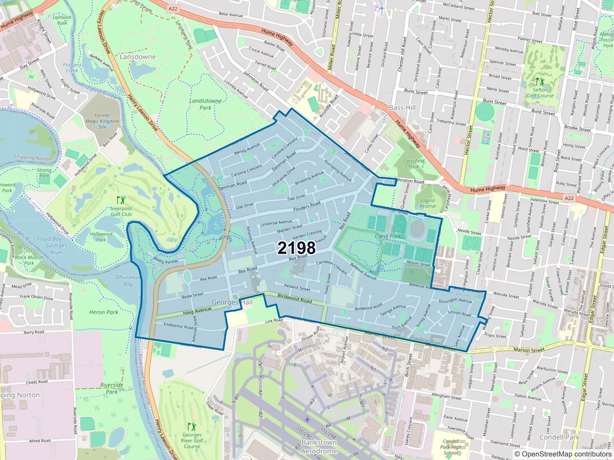 Map of postcode 2198 — Georges Hall, NSW, Australia
