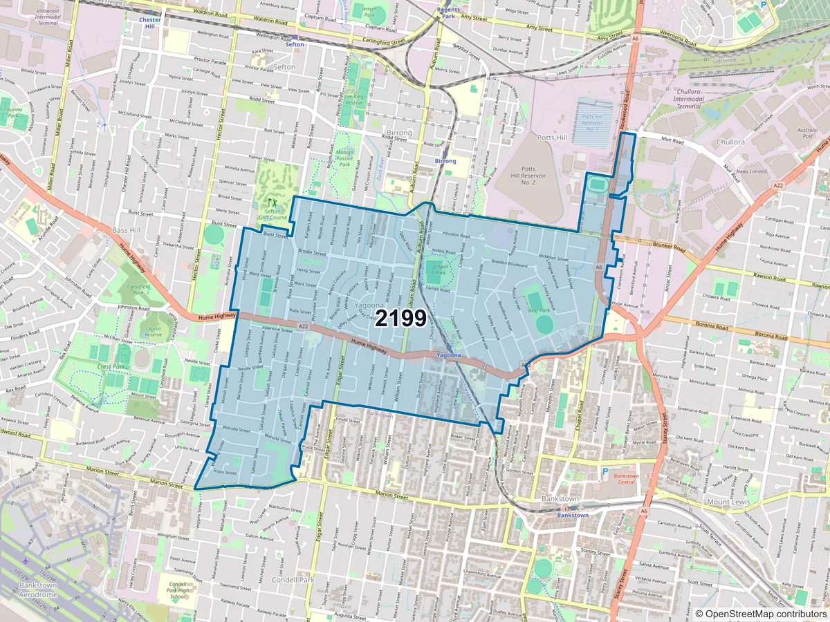 Map of postcode 2199 — Yagoona, NSW, Australia