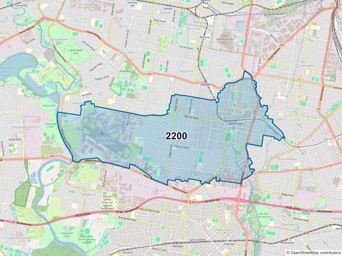 Map of postcode 2200 — Bankstown, NSW, Australia