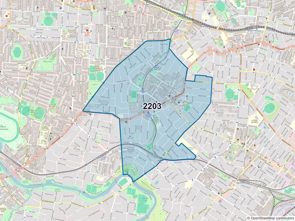 Map of postcode 2203 — Dulwich Hill, NSW, Australia