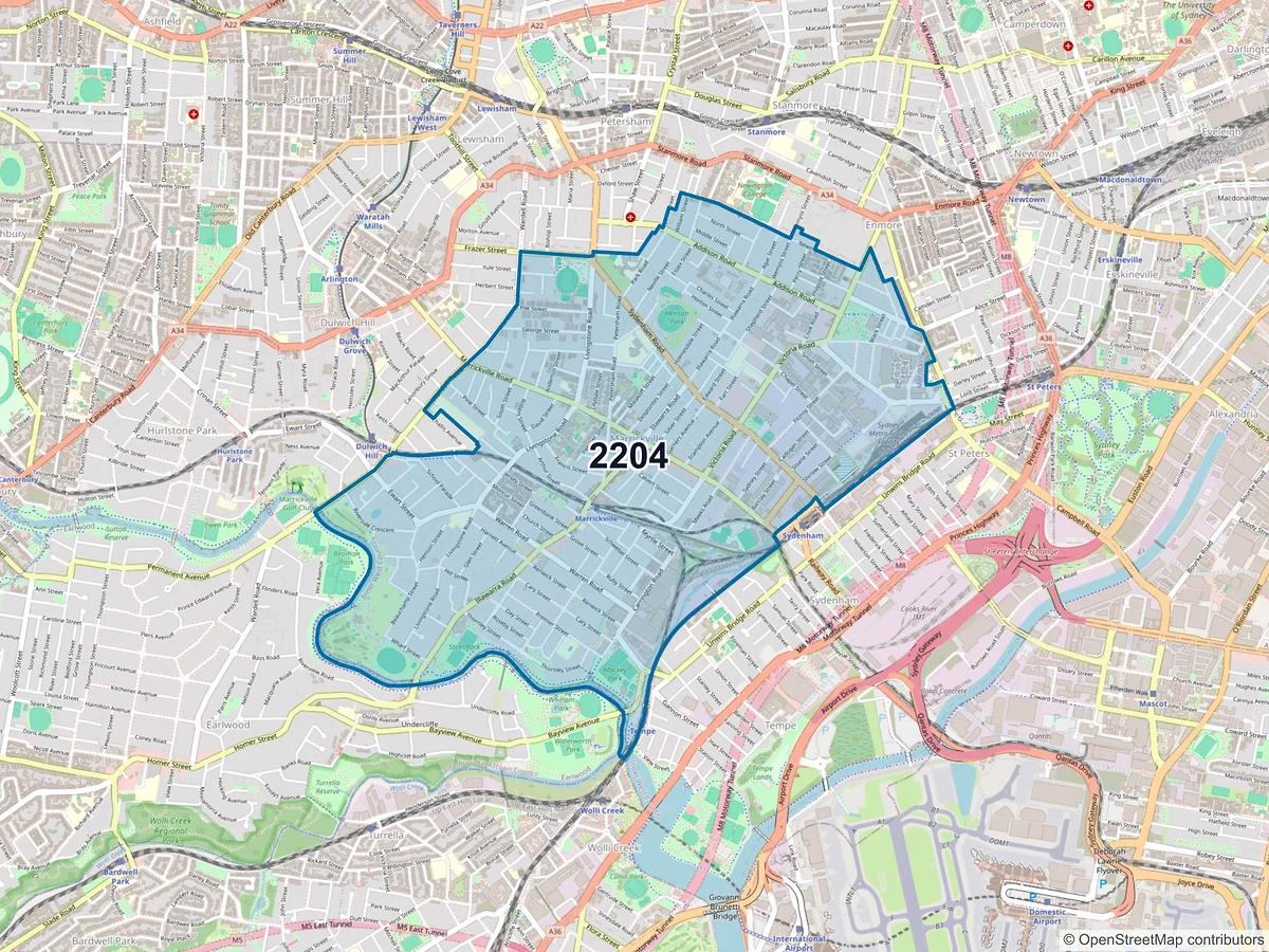 Map of postcode 2204 — Marrickville, NSW, Australia