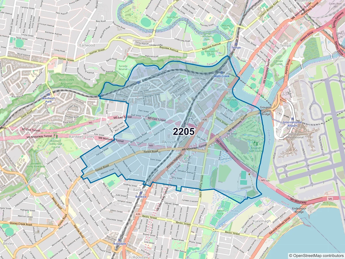 Map of postcode 2205 — Wolli Creek, NSW, Australia