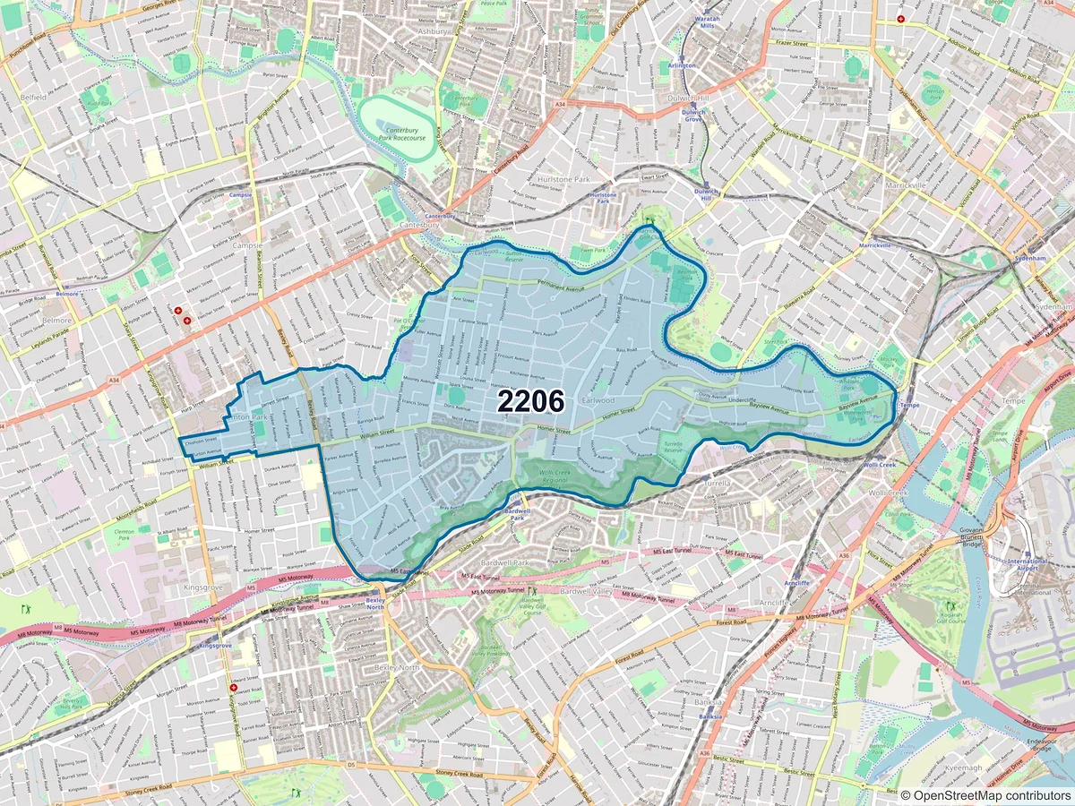 Map of postcode 2206 — Earlwood, NSW, Australia