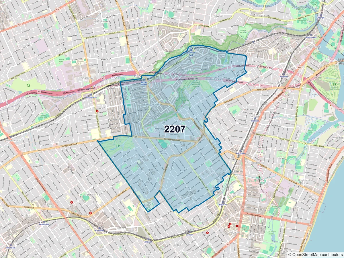 Map of postcode 2207 — Bexley, NSW, Australia