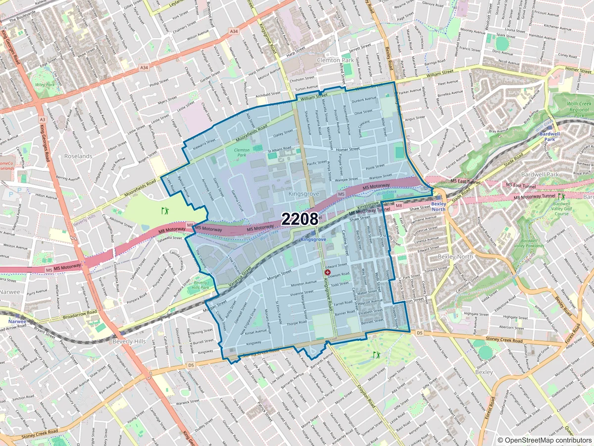 Map of postcode 2208 — Kingsgrove, NSW, Australia