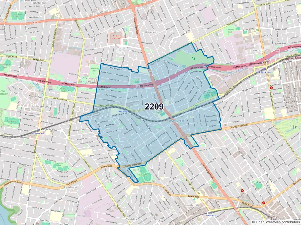 Map of postcode 2209 — Beverly Hills, NSW, Australia