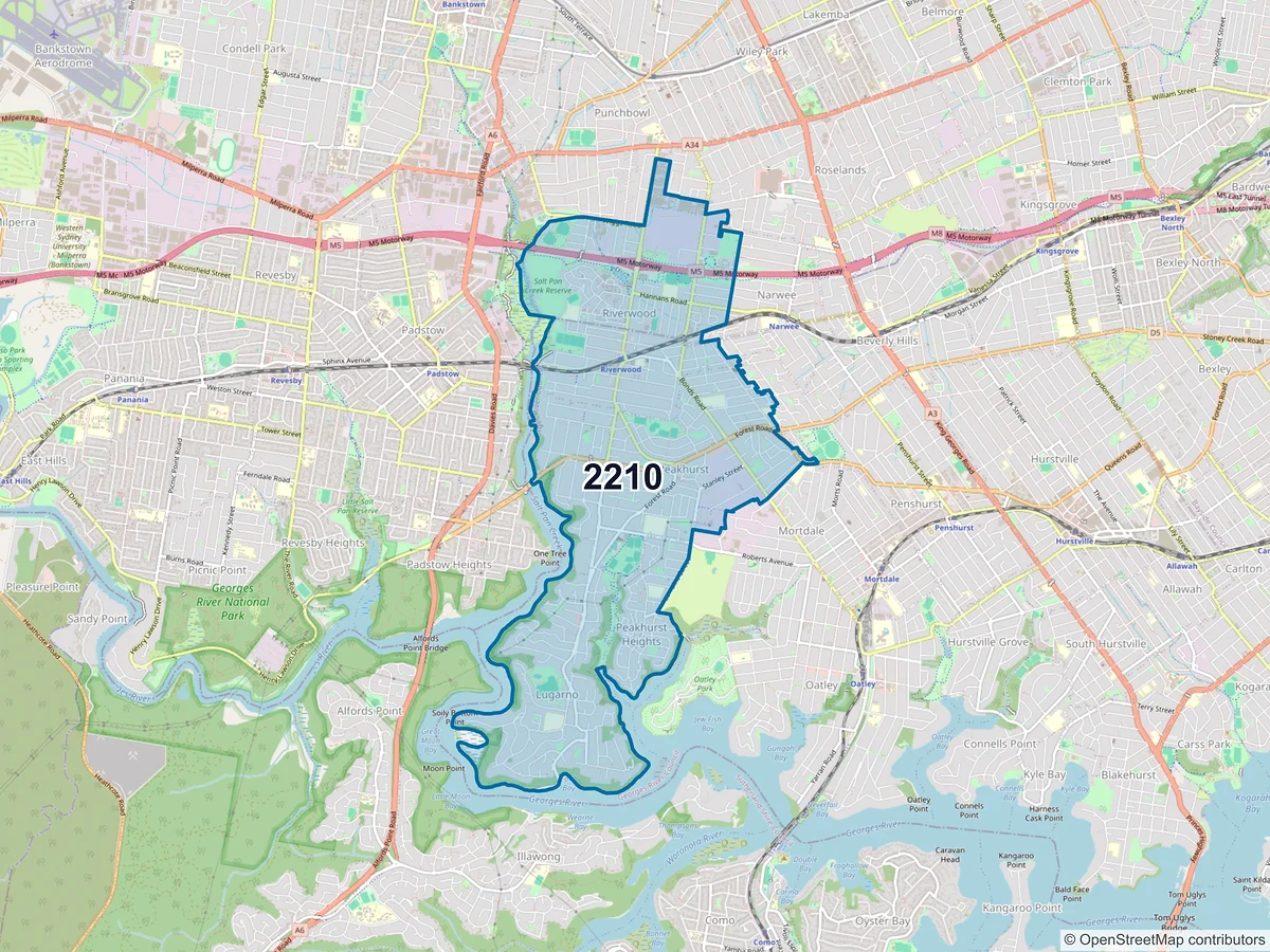 Map of postcode 2210 — Riverwood, NSW, Australia