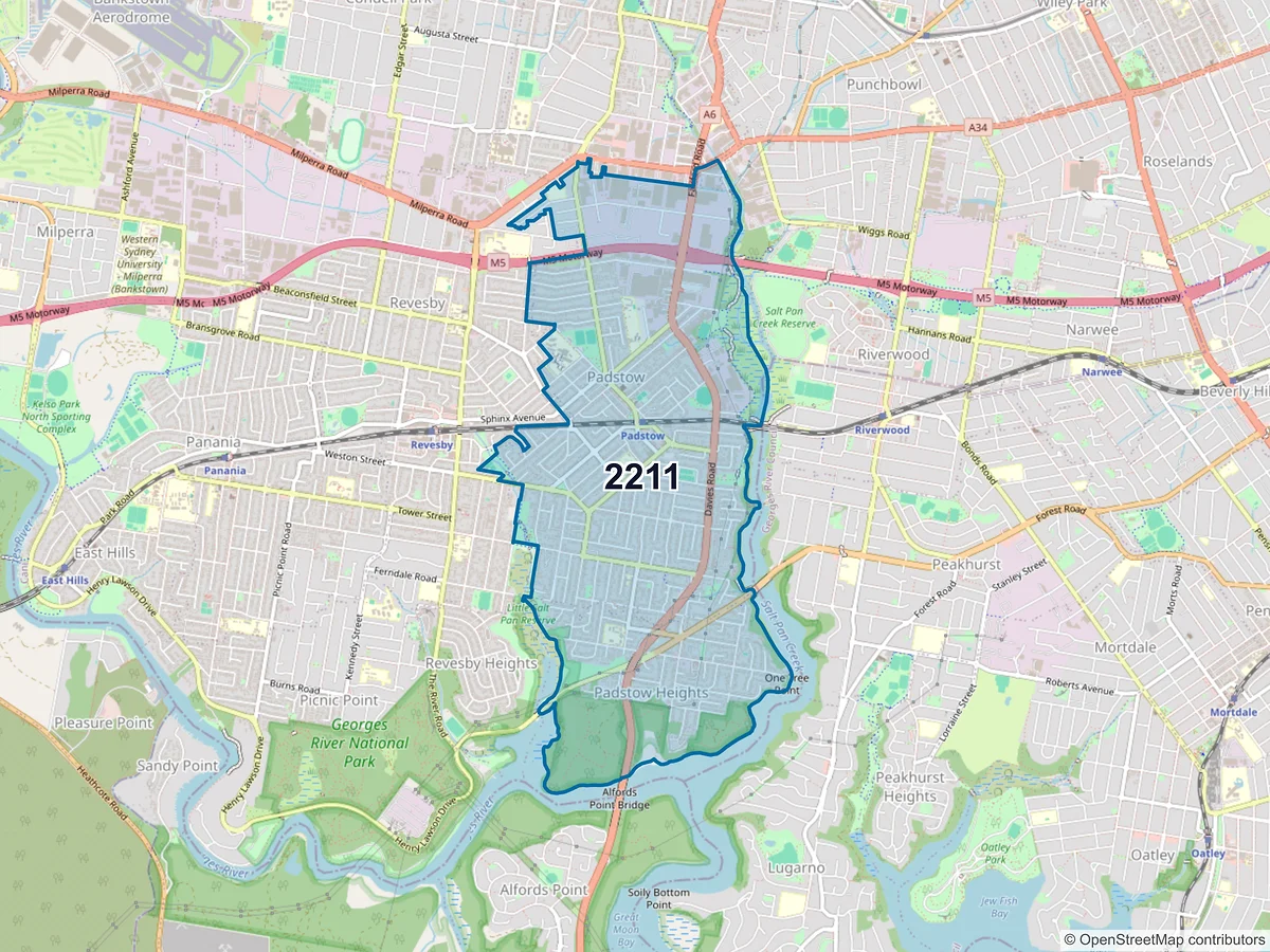 Map of postcode 2211 — Padstow, NSW, Australia