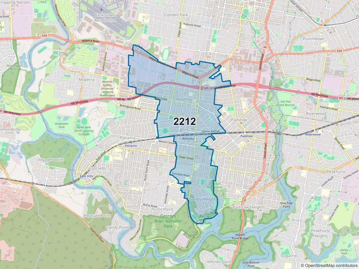 Map of postcode 2212 — Revesby, NSW, Australia