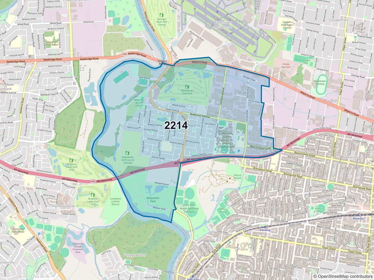Map of postcode 2214 — Milperra, NSW, Australia