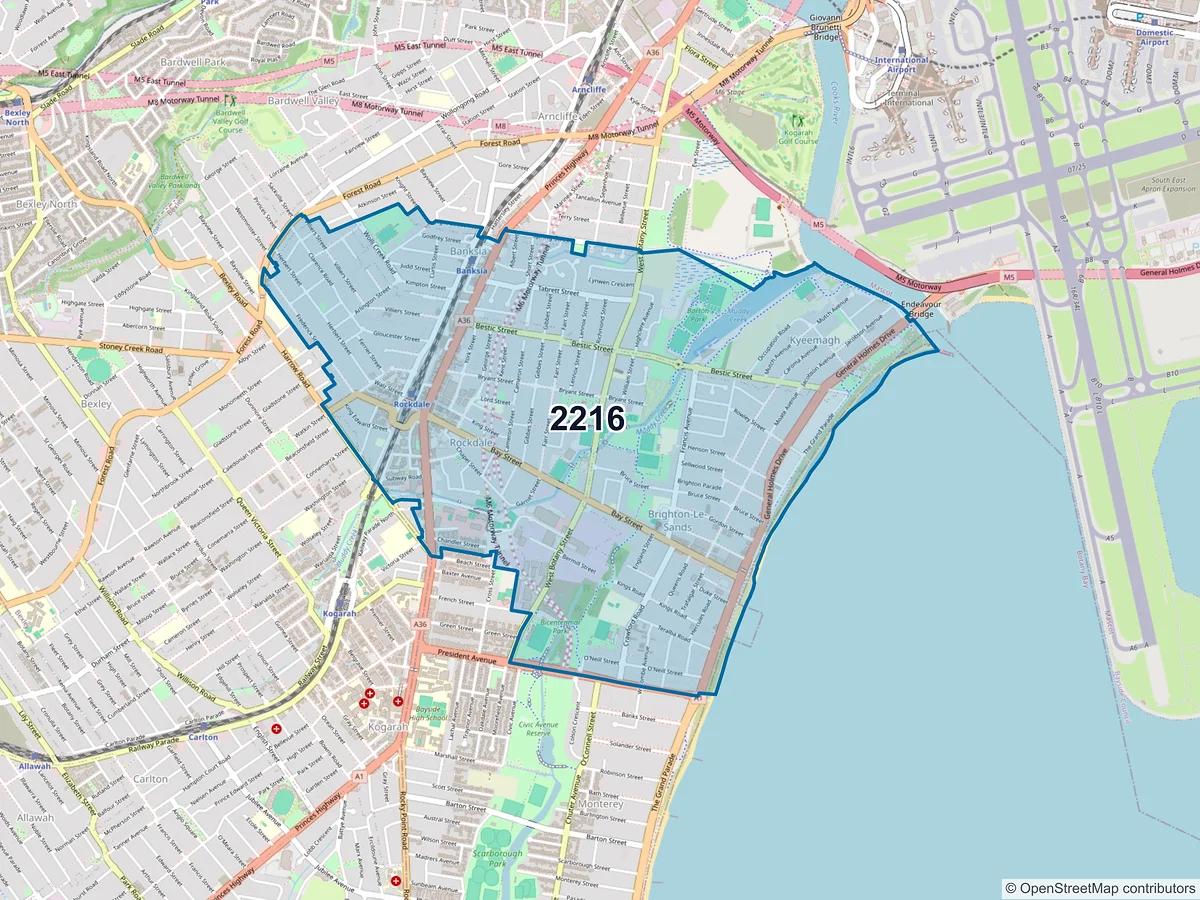 Map of postcode 2216 — Rockdale, NSW, Australia
