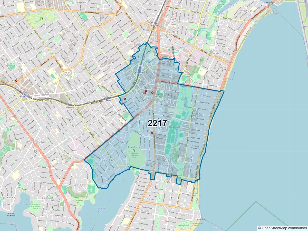 Map of postcode 2217 — Kogarah, NSW, Australia