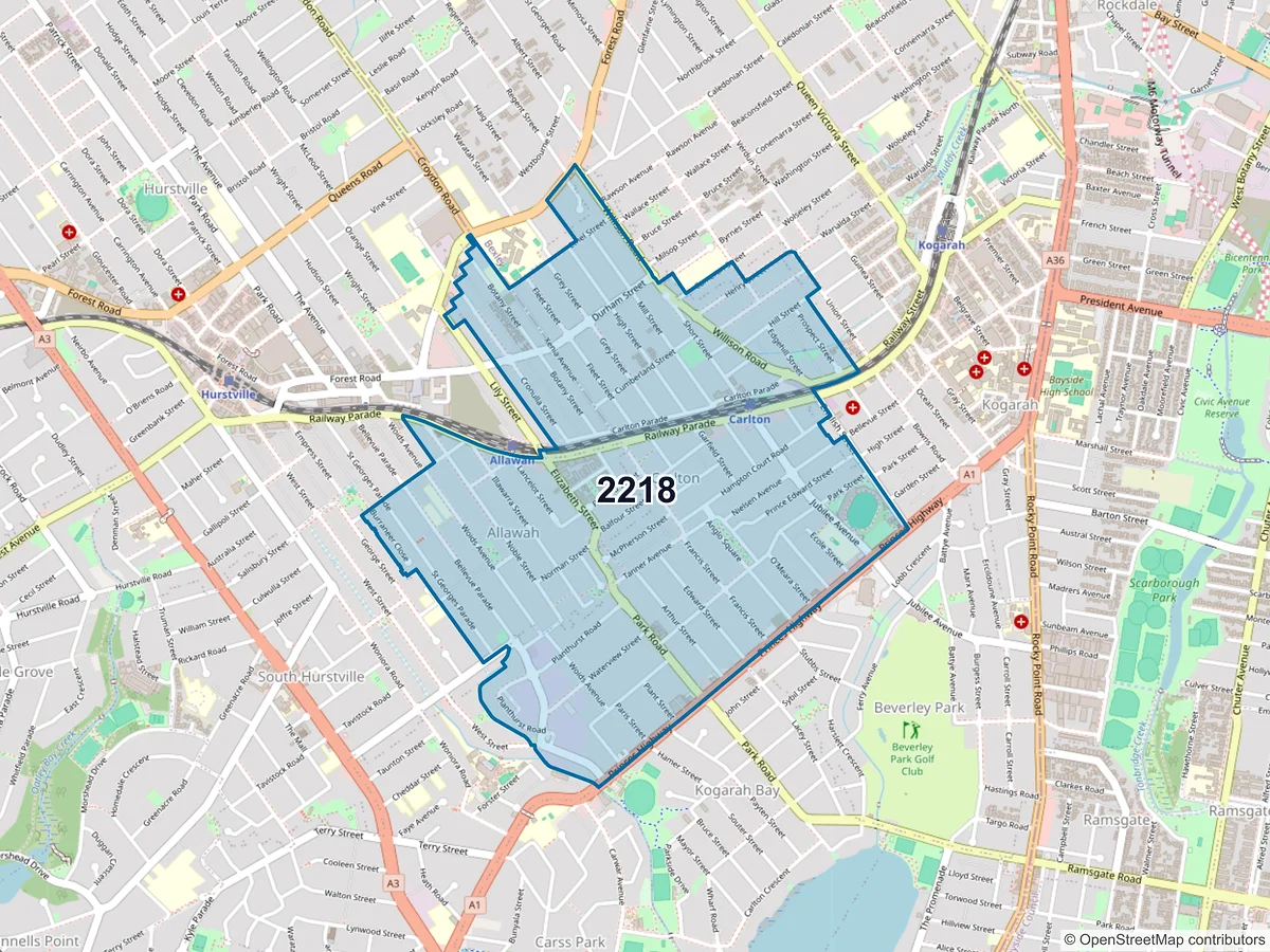 Map of postcode 2218 — Carlton, NSW, Australia