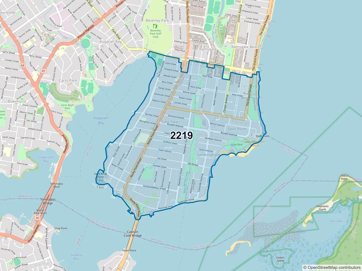 Map of postcode 2219 — Sans Souci, NSW, Australia
