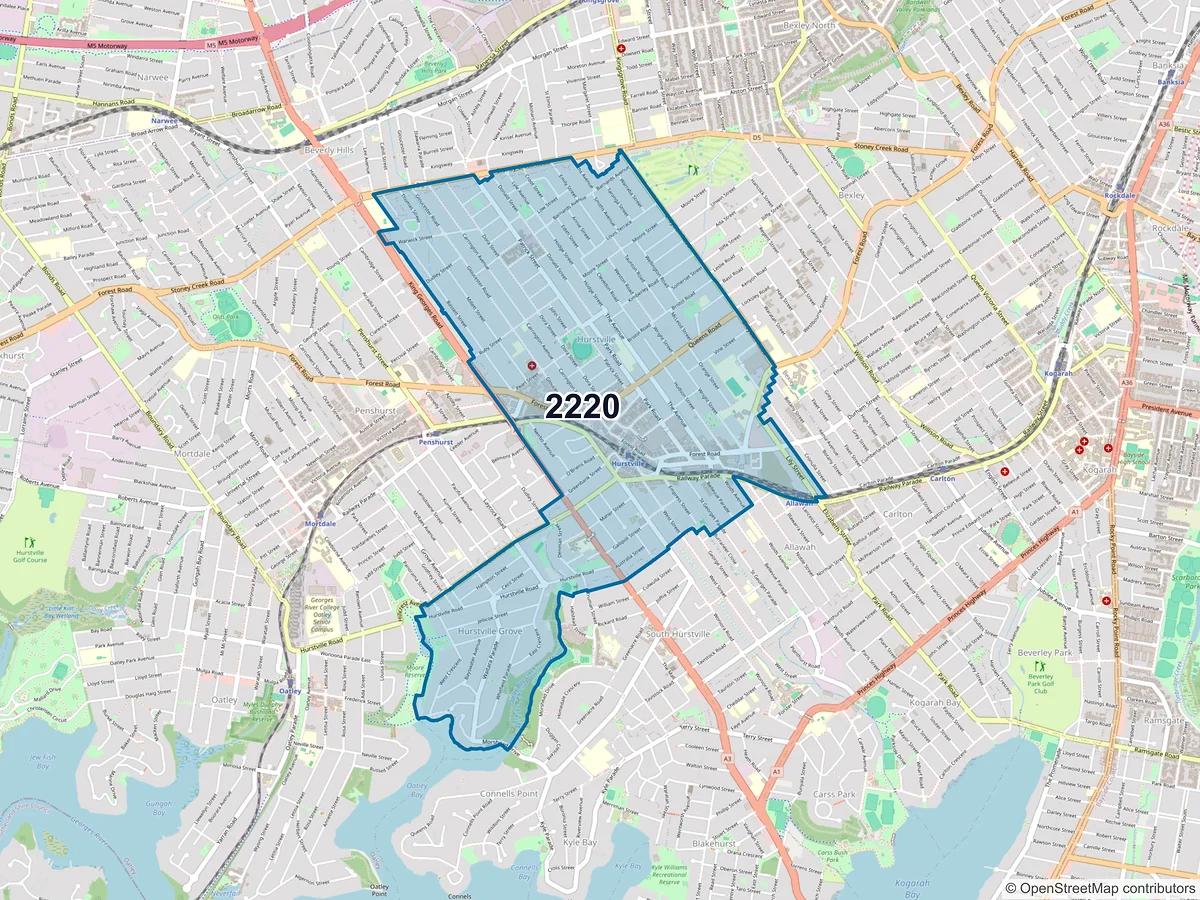 Map of postcode 2220 — Hurstville, NSW, Australia