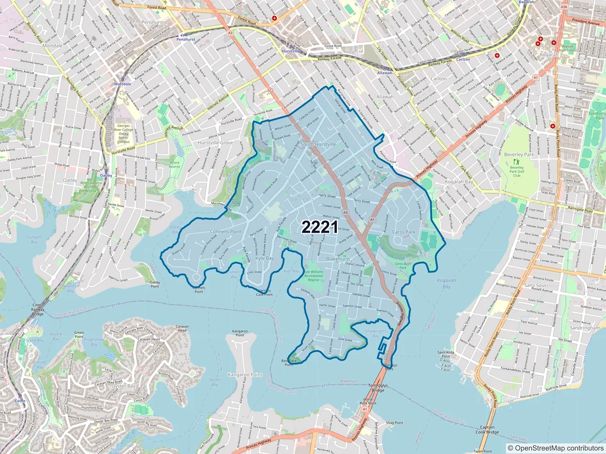 Map of postcode 2221 — Blakehurst, NSW, Australia