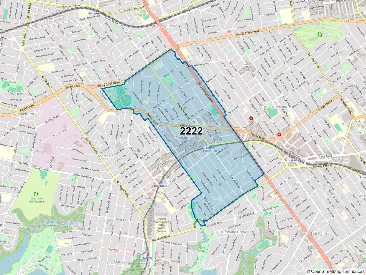 Map of postcode 2222 — Penshurst, NSW, Australia