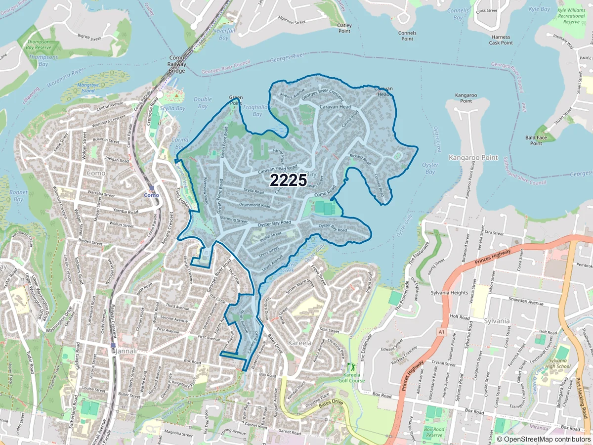 Map of postcode 2225 — Oyster Bay, NSW, Australia