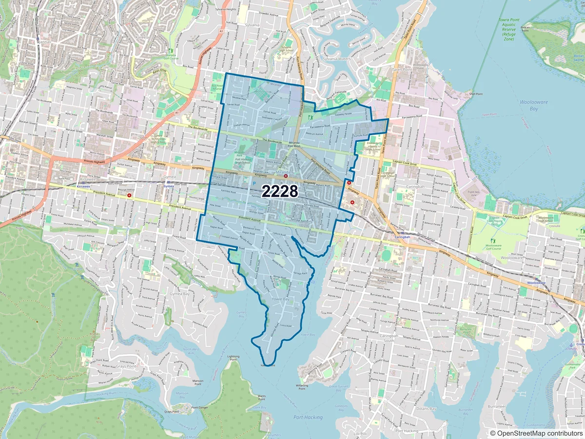 Map of postcode 2228 — Miranda, NSW, Australia