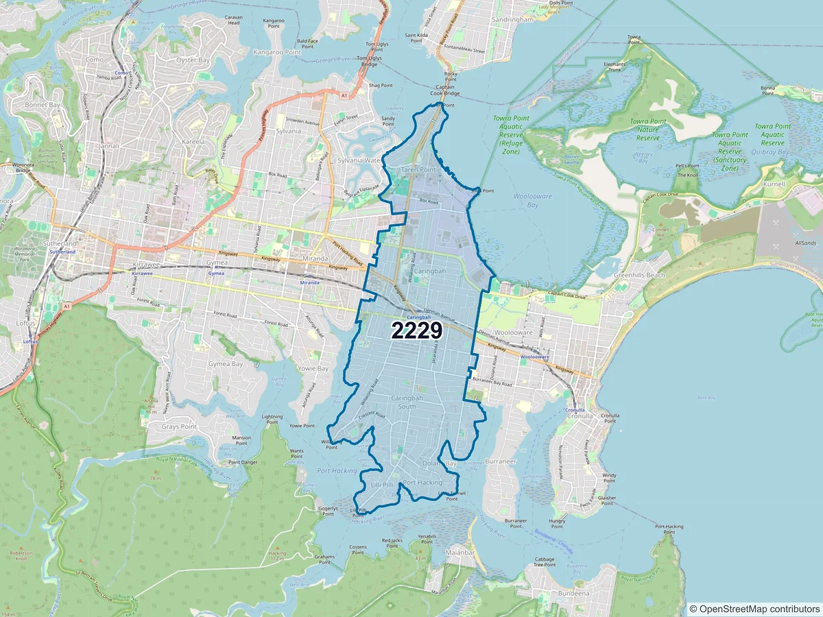 Map of postcode 2229 — Caringbah, NSW, Australia
