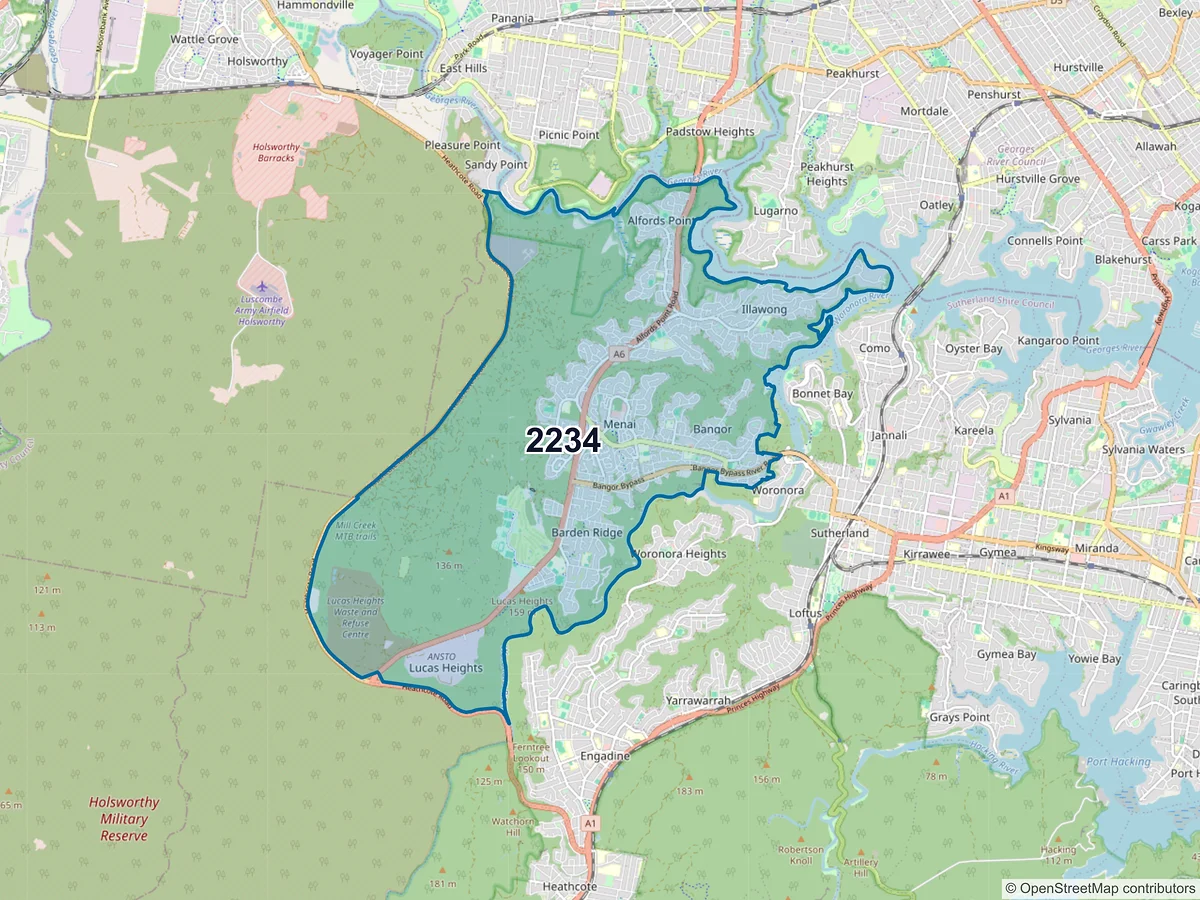 Map of postcode 2234 — Menai, NSW, Australia