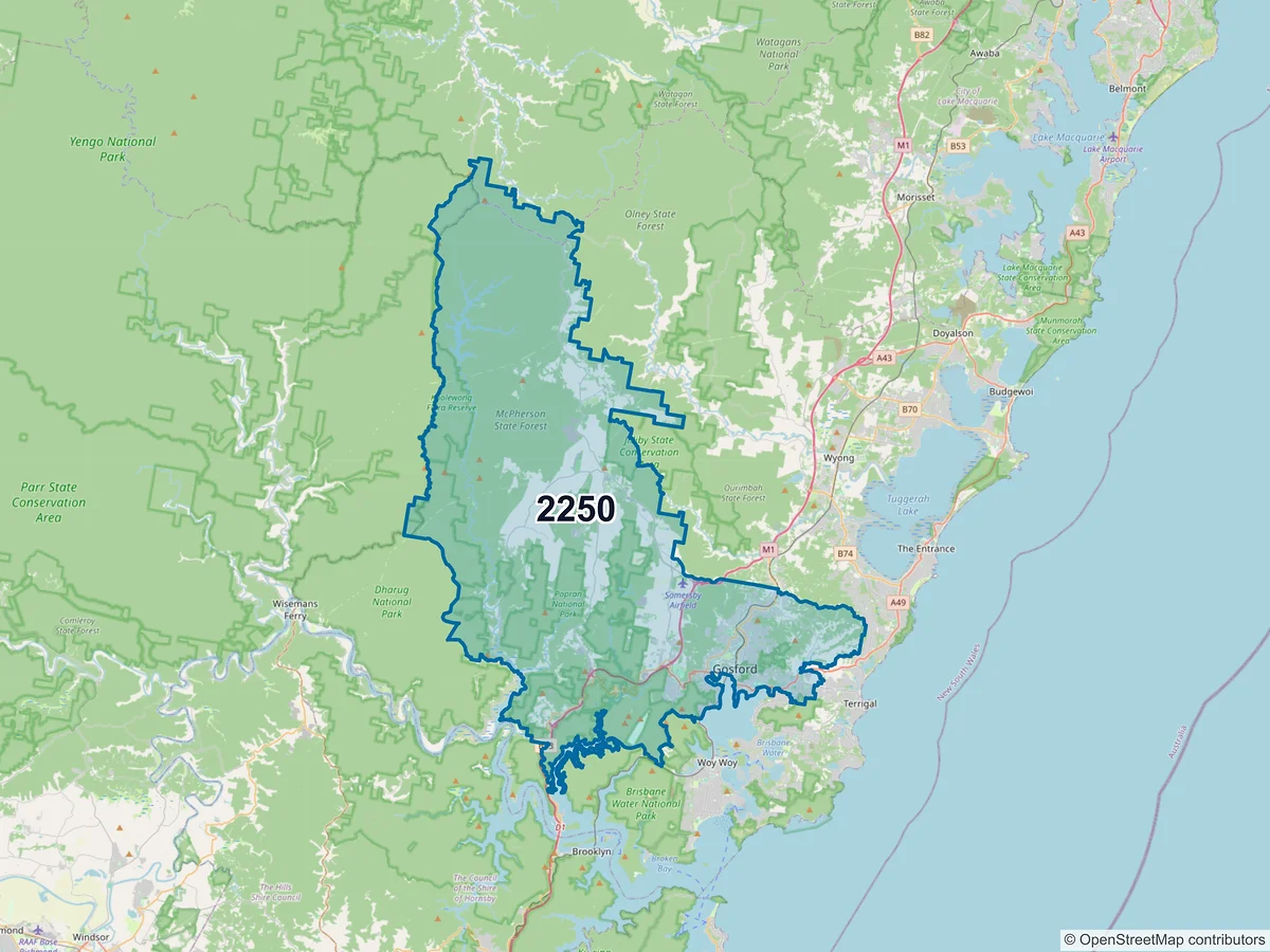 Map of postcode 2250 — Gosford, NSW, Australia