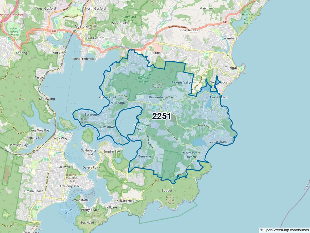 Map of postcode 2251 — Kincumber, NSW, Australia
