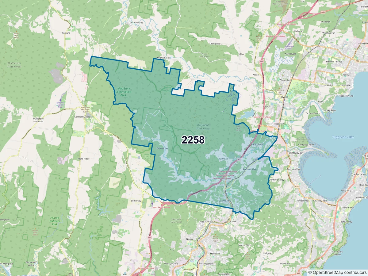 Map of postcode 2258 — Ourimbah, NSW, Australia