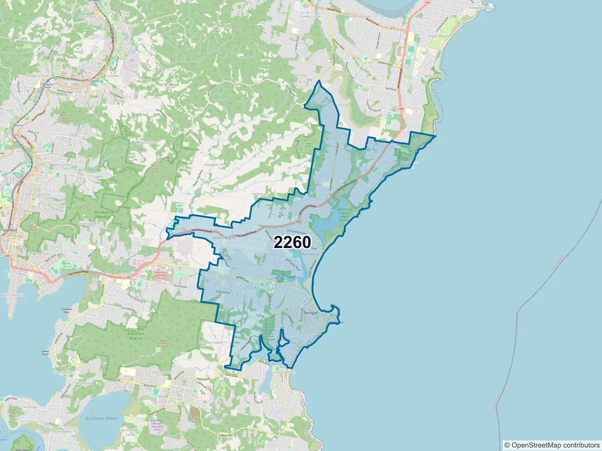 Map of postcode 2260 — Terrigal, NSW, Australia