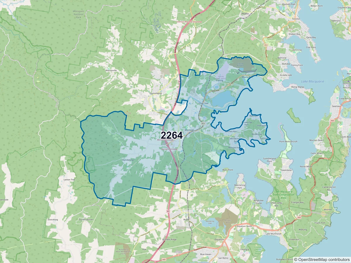 Map of postcode 2264 — Morisset, NSW, Australia