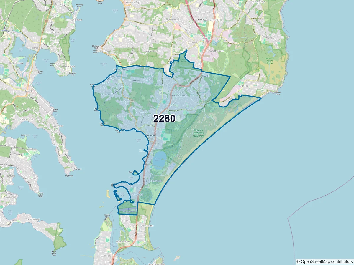Map of postcode 2280 — Belmont, NSW, Australia