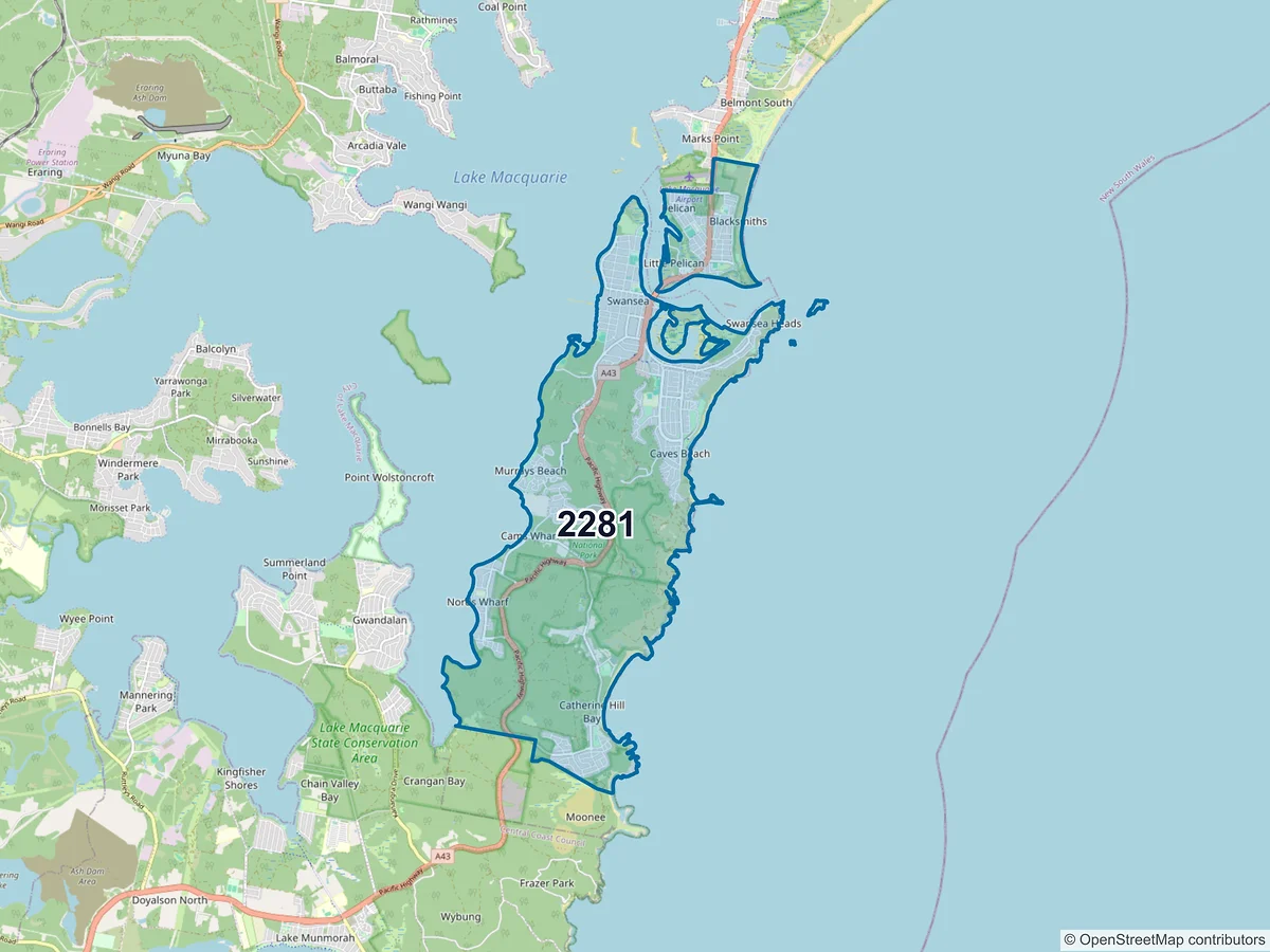 Map of postcode 2281 — Swansea, NSW, Australia