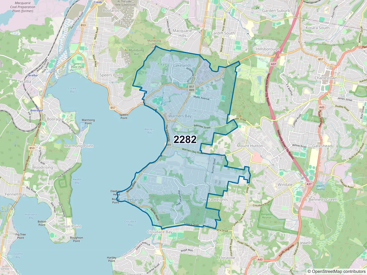 Map of postcode 2282 — Warners Bay, NSW, Australia