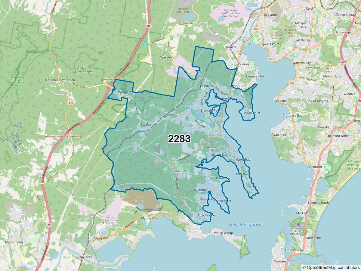 Map of postcode 2283 — Toronto, NSW, Australia