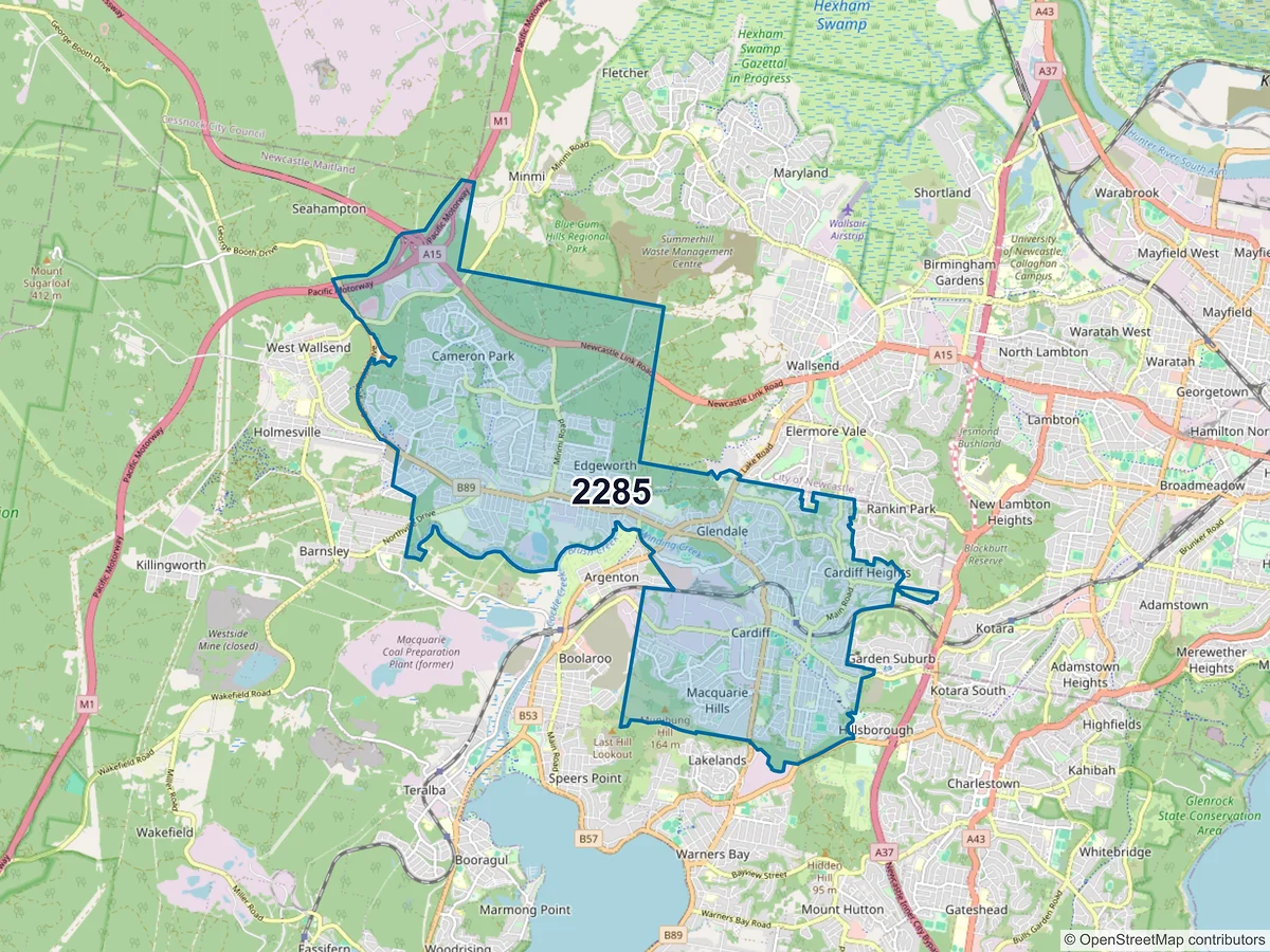 Map of postcode 2285 — Cameron Park, NSW, Australia