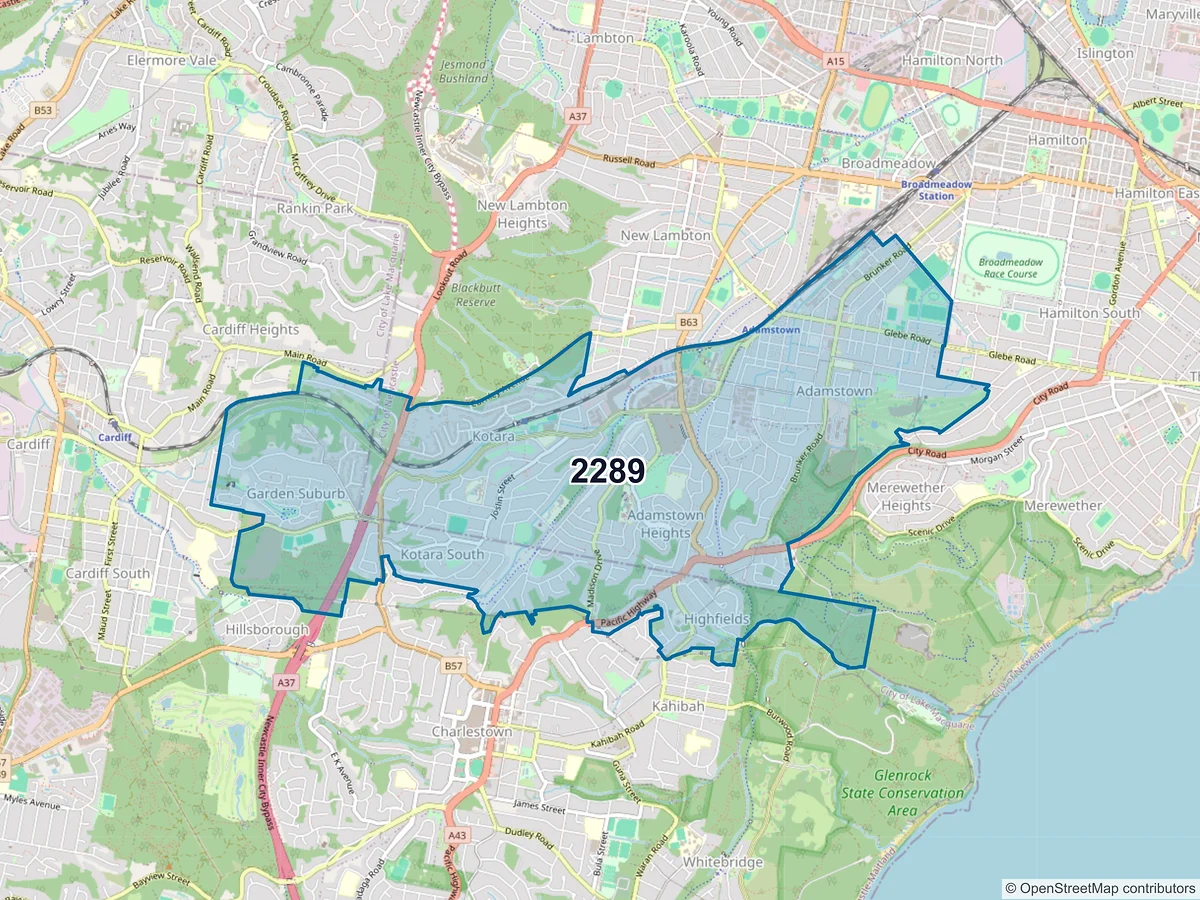 Map of postcode 2289 — Adamstown, NSW, Australia