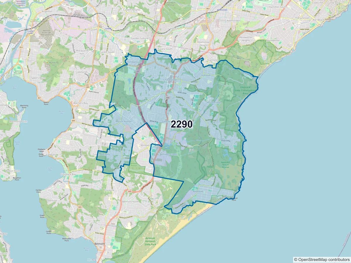 Map of postcode 2290 — Charlestown, NSW, Australia