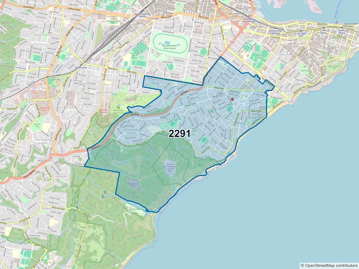 Map of postcode 2291 — Merewether, NSW, Australia