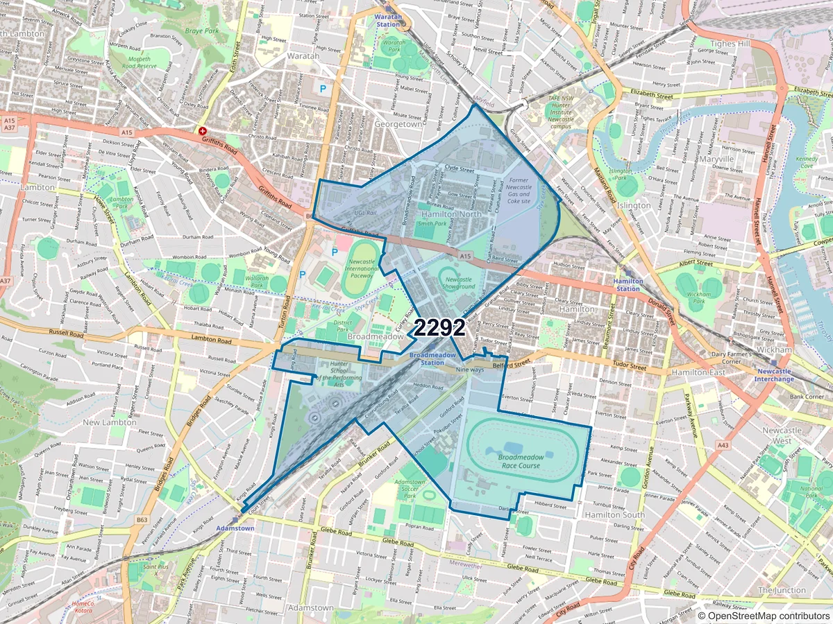 Map of postcode 2292 — Broadmeadow, NSW, Australia