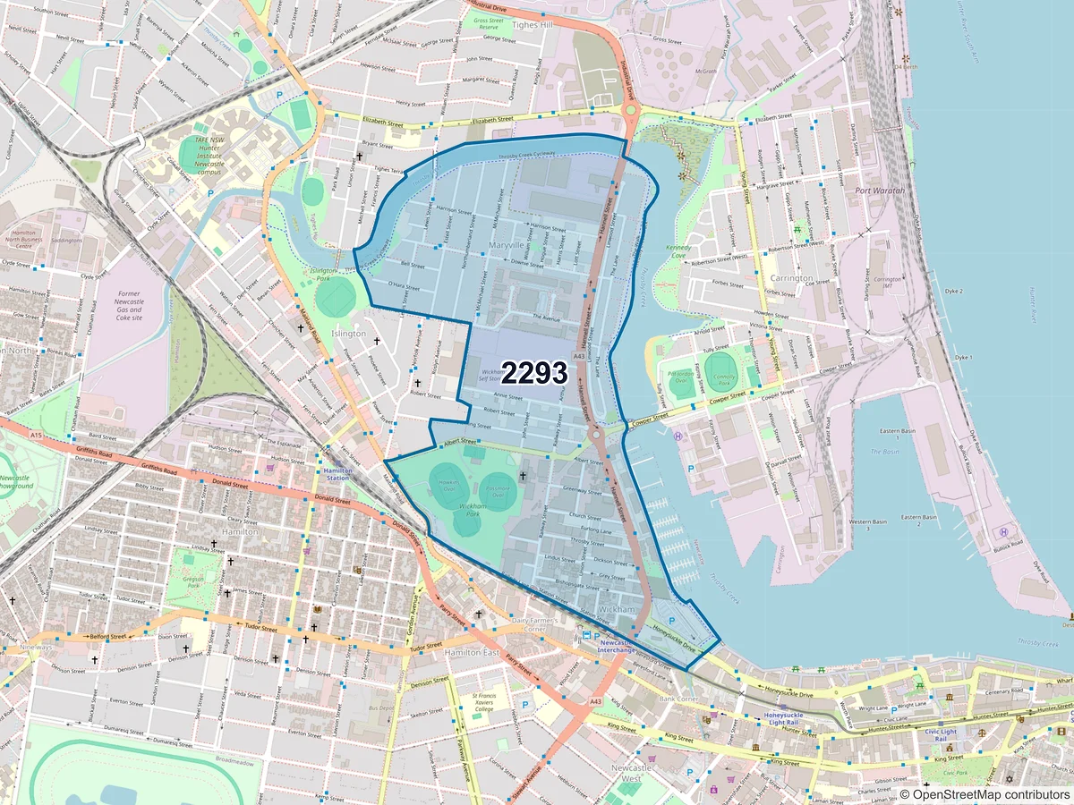 Map of postcode 2293 — Wickham, NSW, Australia