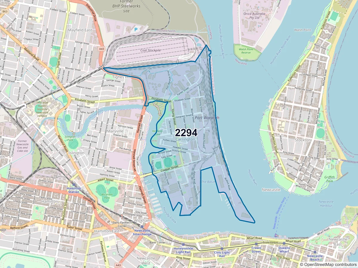 Map of postcode 2294 — Carrington, NSW, Australia